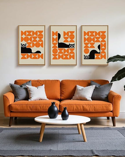 HOURIA Geometric Black Cat Framed Canvas Wall Art Set,Abstract Orange & Cream Wall Decor,Round Eyes Playful Kitten Wall Painting,Modern Animal Prints for Nursery,Living Room,Office - 24"x36"x3