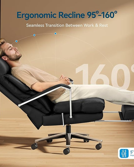 Reclining Office Chair with Footrest - 25.6" Wide Seat & Adjustable Seat Depth, Big and Tall High Back Leather Executive Home Office Desk Chair 400lbs, Black