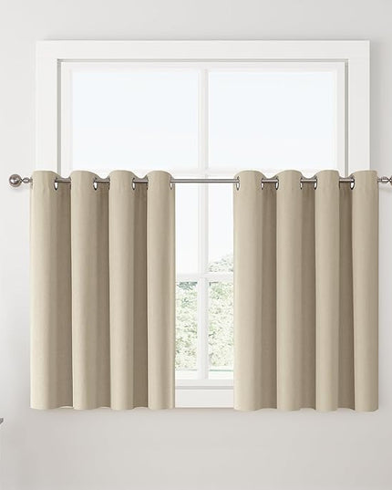 ChrisDowa 100% Blackout Natural Solid Solid Curtains 45 Inches Long 2 Panels for Bedroom Living Room,Farmhouse Room Darkening Thermal Insulated Soundproof Grommet Top Window Treatment Drapes,52x45
