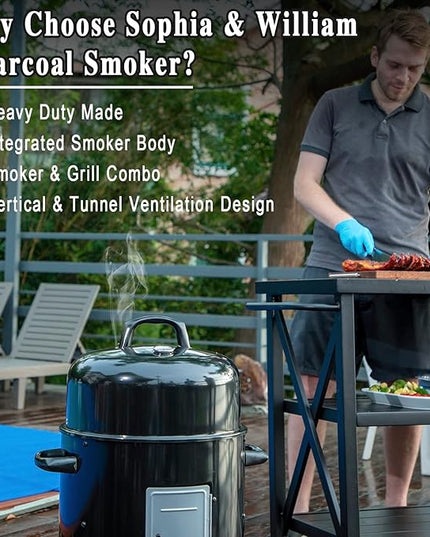 Sophia & William 17" Vertical Charcoal Smoker Grills with Two-Tier Grates, Heavy-Duty Integral Chamber and Tunnel Ventilation System for BBQ, Patio, Outdoor Camping(Black)