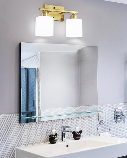 2 Light Bathroom Vanity, Bathroom Lights Over Mirror with Milky White Frosted Glass Shades, Gold Vanity Light for Mirror Living Room Bedroom Hallway E26 Base