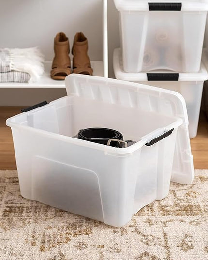 IRIS USA 40 Qt Stackable Plastic Storage Bins with Lids, 4 Pack - BPA-Free, Made in USA - Discreet Organizing Solution, Latches, Durable Nestable Containers, Secure Pull Handle - Pearl