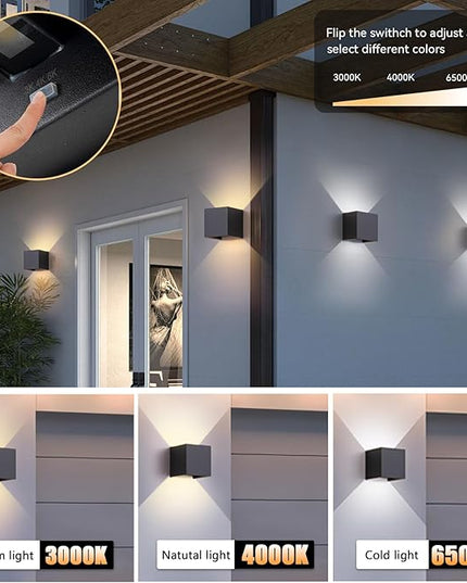 LED Outdoor Wall Sconces Exterior/Interior,Modern Black Square Aluminum Wall Light Fixture Set,Variable Beam IP65 Waterproof Lights.15W 3-Color-Changeable Up and Down Outdoor Lighting Fixtures.