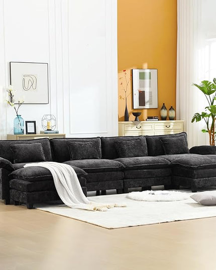 154" Modular Sectional Sofa, Comfy Cloud Couch Sectional Sofa with Ottoman, Chenille Sofa Sleeper Deep Seat Sofa with Throw Pillows for Living Room (Black, 154"- U Shape)