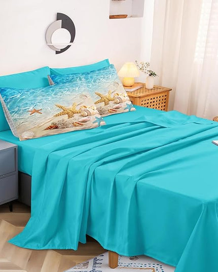 Bedbay Beach Comforter Sets Calfornia King Size 8 Pcs Beachy Bedding Set Turquoise Comforter Set with Sheets Beach Themed Bedding Ultra Soft Bed in a Bag Calfornia King for All Season(Teal,Cal-King)