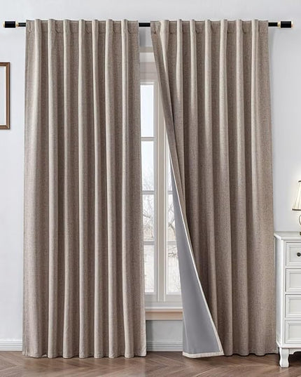100% Blackout Curtains 90 inch Length 1 Panel Faux Linen Long Drapes for Bedroom Living Room Black Out Room Darkening Curtain Thermal Insulated Back Tab Rod Pocket(W100 x L90, Beige)