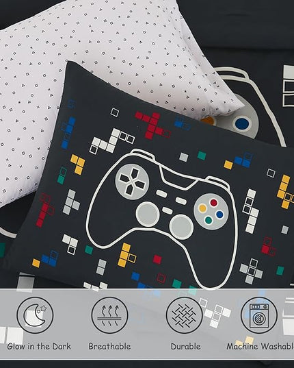 Twin Comforter Set for Boys-5 Pieces Gamer Glow in The Dark Twin Bedding Sets for Kids, Ultra Soft Bed in A Bag with Sheets