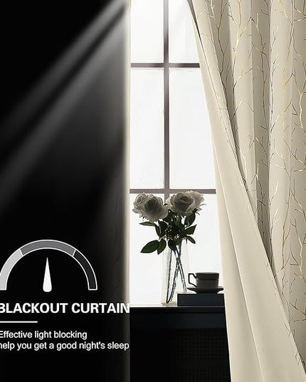 BUHUA Blackout Curtains Gold Tree Print Flower Grommet Drapes, Room Darkening Thermal Insulated Curtains, Noise Reducing Blackout Curtain for Bedroom, Beige, 52Wx63L, 2 Panels