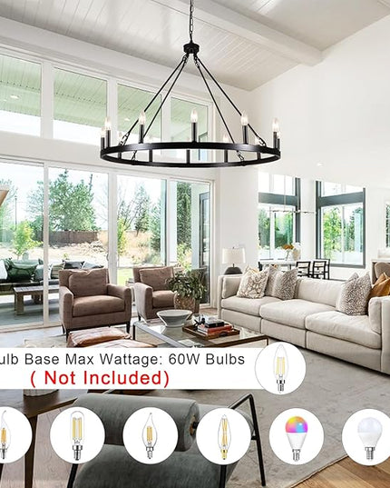 Wagon Wheel Chandelier 12 Lights 38" Large Black Farmhouse Chandelier for Dining Room Chandelier Rustic Country Pendant Light Fixtures Round Chandeliers for Living Room Outdoor High Ceilings Foyer
