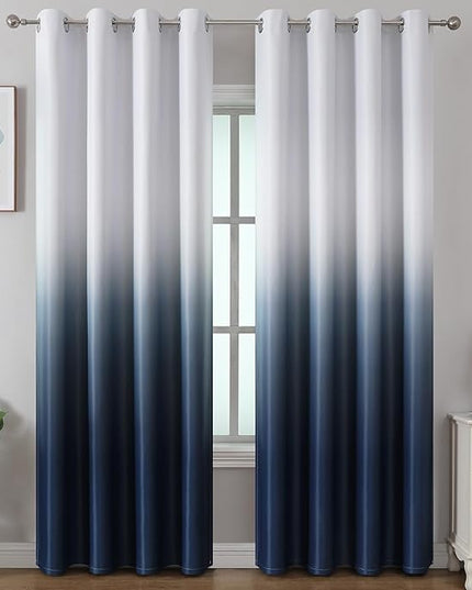 Estelar Textiler Navy Blue and Greyish White Ombre Blackout Curtains 90 Inch Length for Living Room, Full Room Darkening Grommet Gradient Thermal Insulated Drapes for Bedroom,52x90 inches (2 Panels)