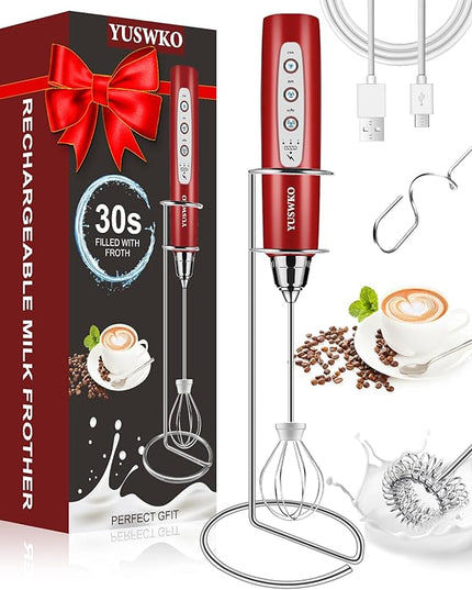 YUSWKO Milk Frother Handheld for Coffee with Stand, Rechargeable Drink Mixer with 3 Heads 3 Speeds Electric Coffee Frother Whisk, Gift for Many Occasions and Festival