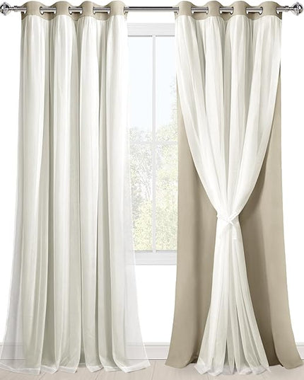 Hiasan Blackout Curtains with White Sheer Overlay, Double Layer Mix & Match Thermal Insulated Room Darkening Curtains for Girls Bedroom, Living Room, 2 Window Panels with Tiebacks, Taupe, 52W X 96L