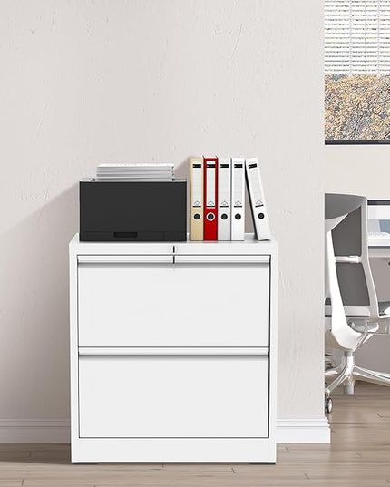 2 Drawer File Cabinet with Lock, White Metal Lateral Filing Cabinets for Home Office, Heavy Duty Steel Horizontal Locking Storage Cabinet for Legal/Letter/A4 Size File, Assembly Required