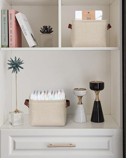 Kntiwiwo Small Fabric Storage Bins, 7.8x6.7x5.9 inch Mini Storage Cubes 4-Pack Storage Basket for Makeup Collapsible Fabric Storage Organizer with Handles, Decorative Basket for Desk, Shelves, Brown