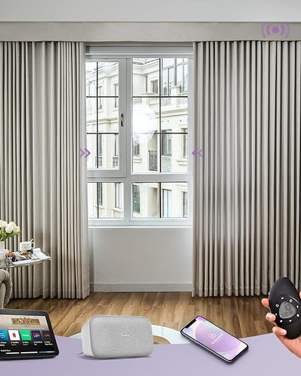 Graywind Rechargeable Smart Curtains Compatible with Alexa App Remote Control Motorized Drape for Sliding Door One-Way or Split Draw, Custom Width Up to 220" (Champagne White)