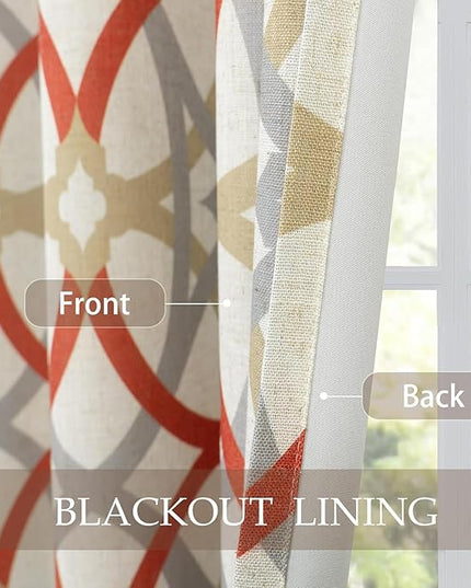 DriftAway Alexander 100% Blackout Curtains for Living Room Linen Blend Pattern Match Thermal Insulated Room Darkening Geo Moroccan Mid Century Grommet Bedroom Drapes 2 Panels 52 x 96 Inch Linen Red