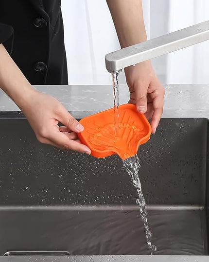 Silicone Bathroom Soap Dishes with Drain Spout-Bathroom and Kitchen Sink Organizer,Sponge Holder,Dish Soap Tray,Perfect for Dispenser,Scrubber,Bottle,Cup on Sink or Counter-Orange 4.9"×3.2"