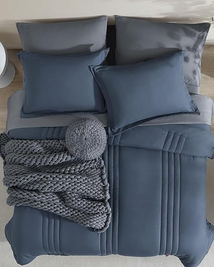 Monbix Twin XL Size Comforter Set - Extra Long 5 Pieces Dorm Bedding Sets, Quilting Design Fluffy Bed in a Bag Twin XL with Sheets, Pillowcase & Sham(Blue Grey)