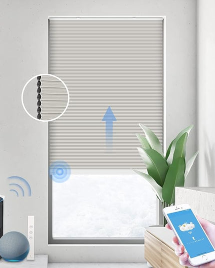 THIRDREALITY ZigBee Smart Blind, Motorized Blackout Window Shades with Remote, Cordless Honeycomb Blinds, Automatic Height Setting, AA Batteries Powered, 21" W x 72" H Beige/White
