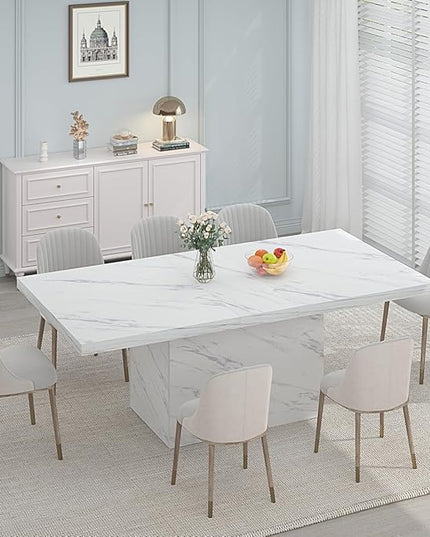 HSH 71” White Faux Marble Dining Table, Rectangle Modern Dinner Kitchen Table for 6-8, Farmhouse Long Kitchen Furniture for Living Room, Industrial Wood Dining Room Table with Sturdy Base
