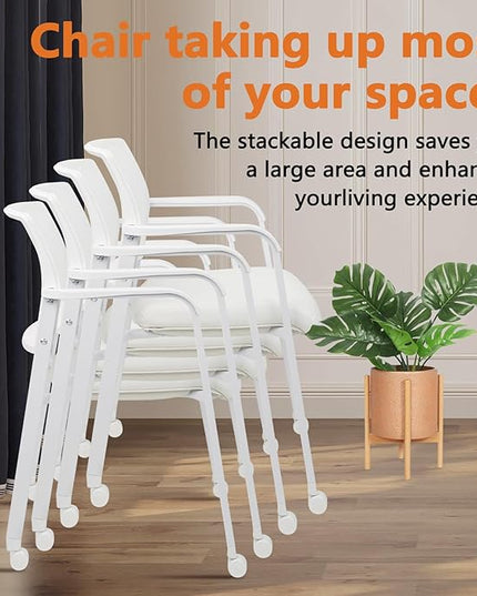 CLATINA Stacking Office Chairs with Wheels | Mesh Back, Thicken Leather Seat and Streamline Armrests, Ergonomic Lumber Support | School, Desk, Guest Reception, Waiting, Conference | Set of 4, White
