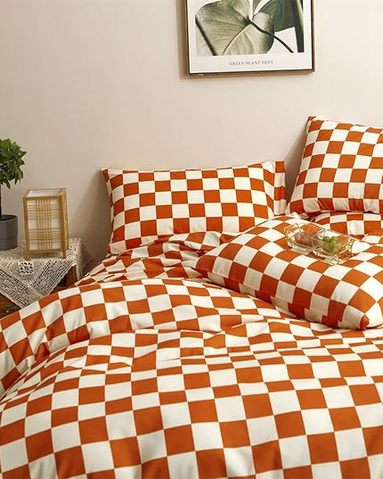 CLOTHKNOW Rust Beige Plaid Twin/Twin XL Comforter Set 3Pcs Grid Bedding Comforter Sets Soft All Season Checker Comforter with 2 x Pillow Cases