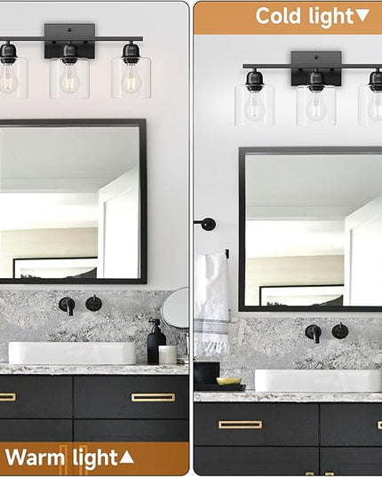 Modern 3 Light Bathroom Light Fixtures, 19 inch Black Vanity Lights For Bathroom With Clear Glass, Bathroom Lighting Fixtures Over Mirror For Mirror Kitchen Living Room Hallway Cabinet Porch
