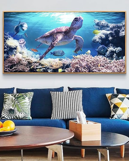 Wapluam Framed Canvas Wall Art - Large Decor for Living Room, Office, Bedroom - Sea Turtles, Blue Ocean - 30" x 60"
