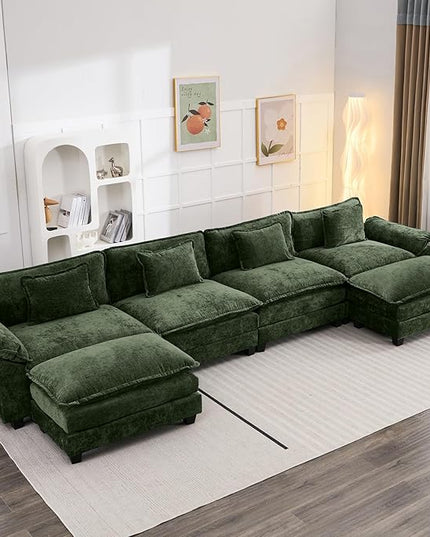 154" Modular Sectional Sofa, Comfy Cloud Couch Sectional Sofa with Ottoman, Chenille Sofa Sleeper Deep Seat Sofa with Throw Pillows for Living Room (Green, 154"- U Shape)
