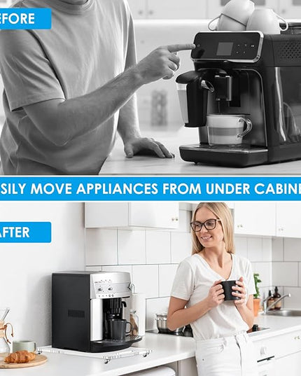 360° Rolling Sliding Tray for Coffee Maker & Kitchen Appliances, 9.8" x 14" Acrylic Appliance Sliders with Silent Rubber Wheels, Coffee Maker Slider Tray for Countertop Moving