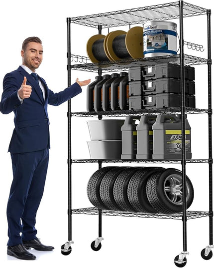 Storage Shelves 75"H Wire Shelving Unit with Wheels 1750LBS Heavy Duty Metal Shelves for Storage Adjustable 5-Tier Garage Storage Rack Kitchen Pantry Shelves Rolling Shelf on Casters, 14"D x36"W x75"H