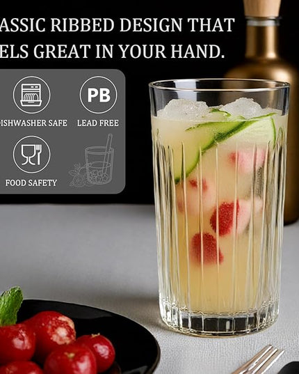 Laerjin Drinking Glasses Set of 8, 12 oz Highball Glasses & 10 oz Cocktail Glasses Set, Ribbed Glass Cups,Thick Glass Cups, Kitchen Water Glasses Cup, Bar Tumbler Glassware for Beer, Whiskey(Clear)