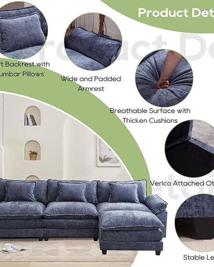 120" Modular Sectional Sofa, Comfy Cloud Couch Sectional Sofa with Ottoman, Chenille Sofa Sleeper Deep Seat Sofa with Throw Pillows for Living Room (Blue, 120"- L Shape)