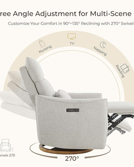 CHITA Swivel Rocker Recliner Chair, Power Nursery Glider Recliner, Nursery Rocking Chair with Adjustable Power Headrest, FSC Certified, Solid Wood Base, Crockery (Gray)