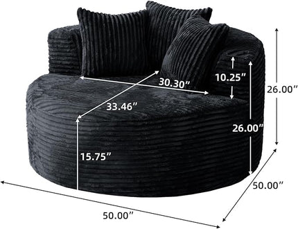 JACH Oversized Round Lazy Sofa Chair with Three Pillows, 50" Corduroy Deep Seat Single Sleeper Sofas, Upholstered Chaise, Cloud Couch for Living Room, Apartment, Black
