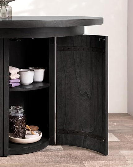 Transformer Table - Solid Wood Extendable Round Dining Table Set with Sideboard Panel Storage Cabinet, Extendable Round Dining Set, Smoked Hickory, Black Finish (Table + Storage)