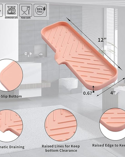 Silicone Bathroom Soap Dishes with Drain Spout-Bathroom and Kitchen Sink Organizer,Sponge Holder,Dish Soap Tray,Perfect for Dispenser,Scrubber,Bottle,Cup on Sink or Counter-Pink 12"×4"