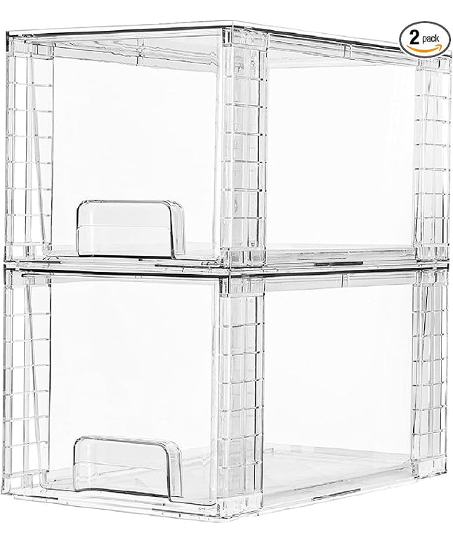 Vtopmart 2 Pack Large Stackable Storage Drawers,Clear Acrylic Drawer Organizers with Handles, Easily Assemble for Bathroom,Kitchen Undersink,Cabinet,Closet,Makeup,Pantry organization and Storage