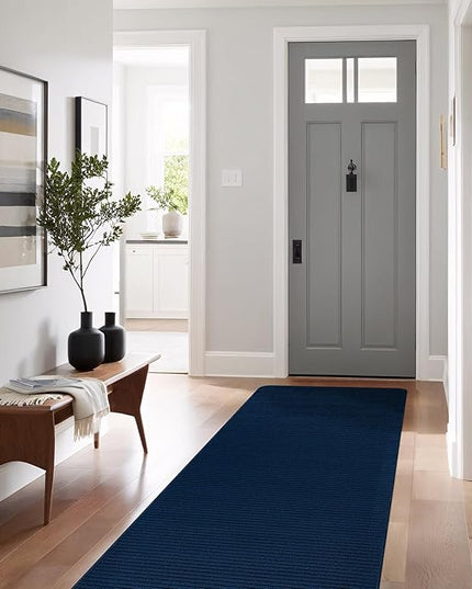 Beverly Rug Non-Slip Modern Runner Rug 2x10 Solid Traditional Rubber Backing Machine Washable Soft Thin Indoor Area Rugs for Living Room Stain Resistant Non Shedding Casual Carpet (2 x 10 Navy)