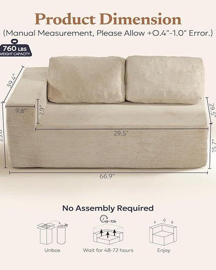 Loveseat Sofa, Cloud Modular Sofa Couch, Upholstered Floor Sofa with Deep Seat, Upholstered Foam Couch for Bedroom Living Room, No Assembly Required (Corduroy Fabric, Beige)