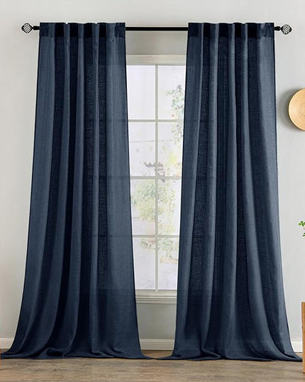MIULEE Navy Blue Linen Curtains 96 Inch Length 2 Panels for Bedroom Living Room, Soft Thick Linen Textured Natural Window Drapes Semi Sheer Light Filtering Back Tab Rod Pocket Burlap Look Decor