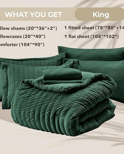 HYMOKEGE Emerald Green King Size Comforter Set Seersucker 7 Pieces, All Season Luxury Bed in a Bag for Bedroom, Bedding Set with Comforter, Sheets, Pillowcases & Shams