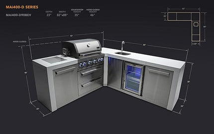 Mont Alpi MAi400-D90BEV 32-Inch 4-Burner 78000 BTU 90 Degree Corner Deluxe Stainless Steel Gas Outdoor Kitchen Barbecue Gas Island Grill w/Wine Cooler Beverage Center Refrigerator + Faucet & Sink