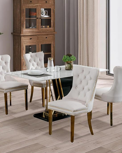 SoarFlash Velvet Dining Chair Set of 4, Upholstered Tufted Dining Room Chair with Nailhead Trim, Solid Gold Plated Leg for Kitchen (Beige)
