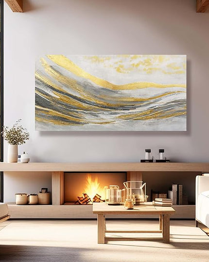 Artexist Abstract Line Wall Art Prints, Gold & Grey, 24"x48" Large Canvas Wall Pictures for Living Room, Bedroom, Office Decor