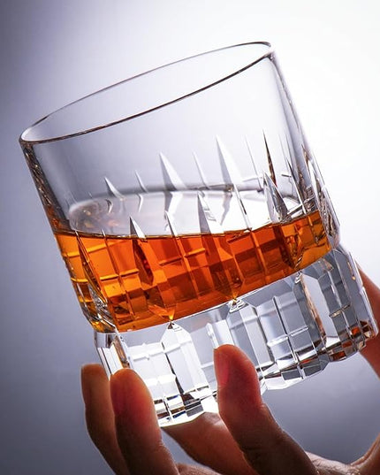 KAMMAK Crystal Whiskey Glasses Set of 2, Luxury 7.78oz Old Fashioned Glasses Stemless, Hand Blown Cocktail Glasses, Handcrafted Engraved Scotch Cup for Women, Men Gift for Bourbon Barware