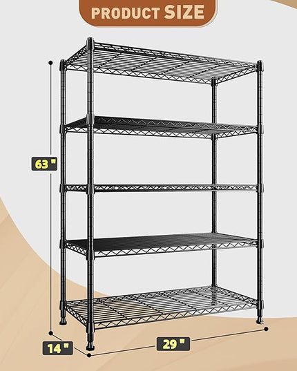 REIBII 5-Tier Wire Shelving Rack Storage Shelves Metal Shelves,1020 LBS Adjustable Heavy Duty Metal Shelving Units and Storage for Garage Pantry Bathroom 29" W X 14" D X 63" H