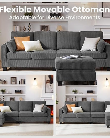 CHIC HOUSE Corduroy Modular Sectional Couch with Ottoman Chaise, L/U Shaped Sleeper Sofa for Living Room, Apartment, Lounge, Modern Armrest Neck Support Furniture (5 Seater Sectional, Dark Grey)