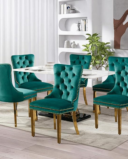 SoarFlash Velvet Dining Chair Set of 6, Upholstered Tufted Dining Room Chair with Nailhead Trim and Solid Gold Plated Leg for Kitchen (Green)