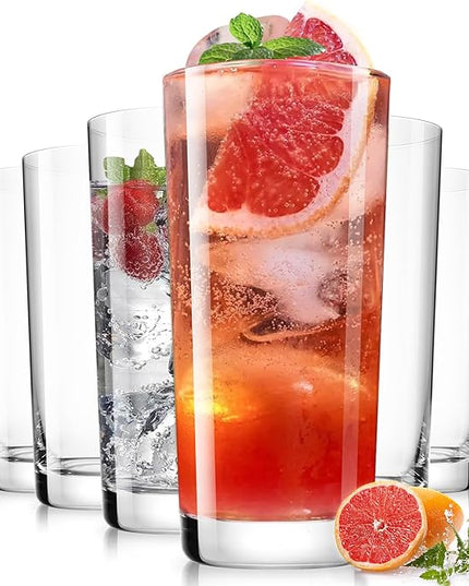 Drinking Glasses Set of 8, 16 oz Water Glasses, Wide Mouth Design Lead-Free Crystal Highball Glassware, Tall Glass Cups for Cocktail Parties, Family Dinners, and Tom Collins Bar Glassware